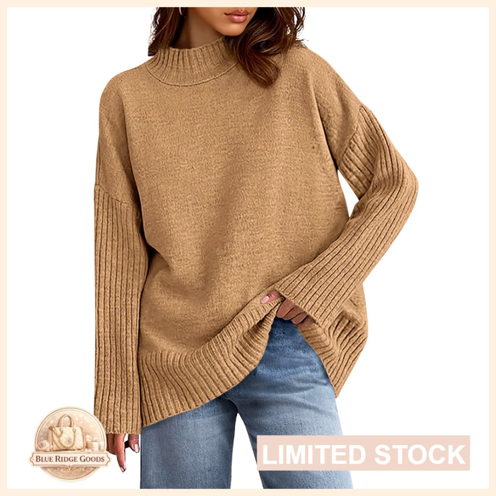 Oversized Ribbed Knit Pullover Sweater Mock Neck Long Sleeve Fall Chic